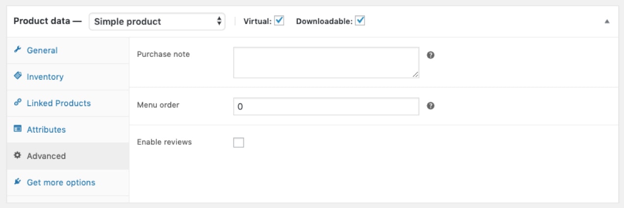 product data box showing a product note field