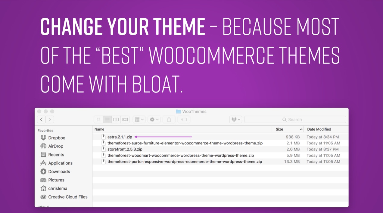 Slide comparing the file sizes of several popular WooCommerce themes.