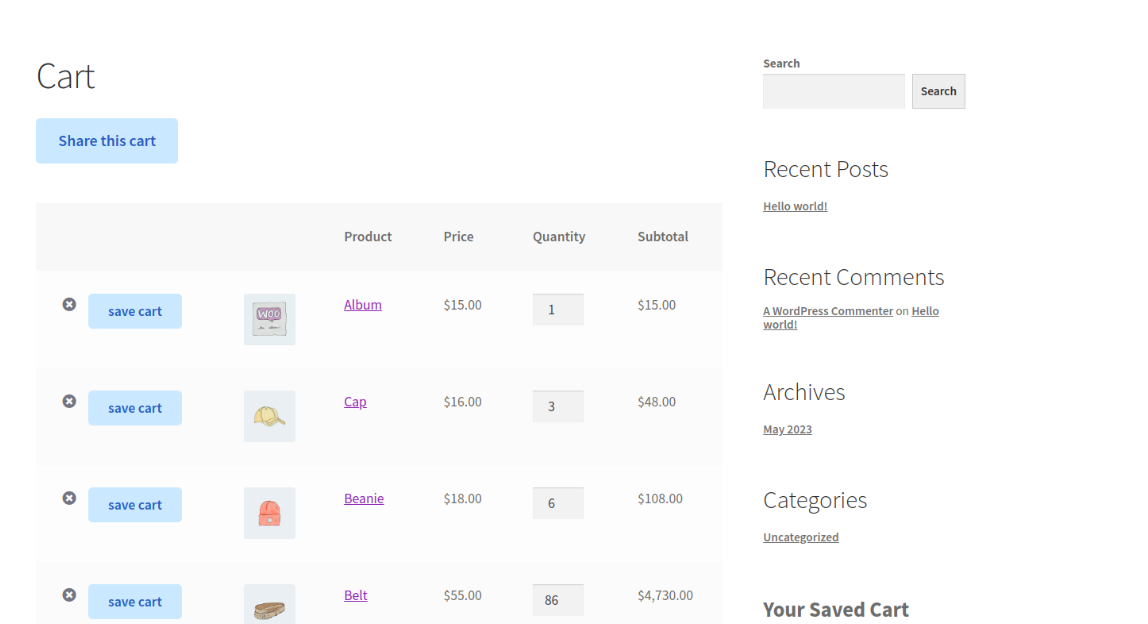 share cart settings frontend