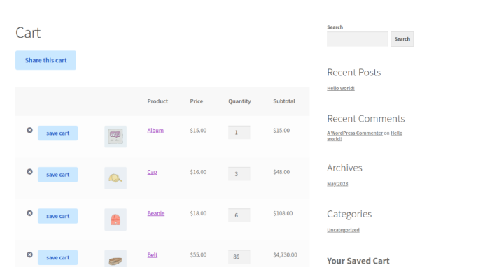 share cart settings frontend