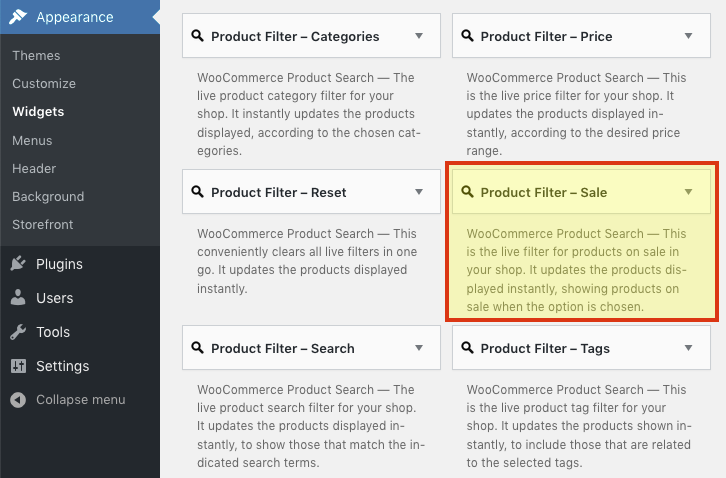 The Product Filter – Sale entry under Appearance > Widgets.” width=”726″ height=”478″></p>
<p>For this purpose, the filter displays a convenient option which visitors can simply click and then the shop page is updated to include only those products which are currently on sale. This also works in combination with any of the other live filters that come with the extension.</p>
<p><img loading=