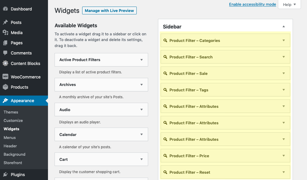 Example of a sidebar holding several of the WooCommerce Product Search extension's widgets