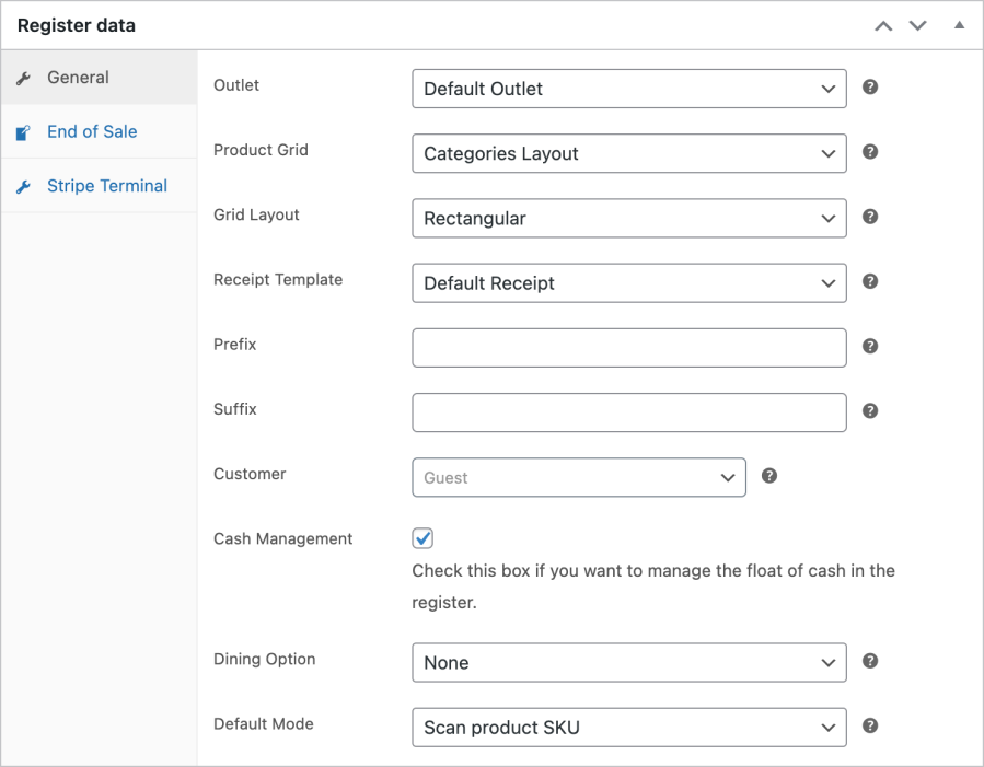 Register settings are configured from the WordPress backend.