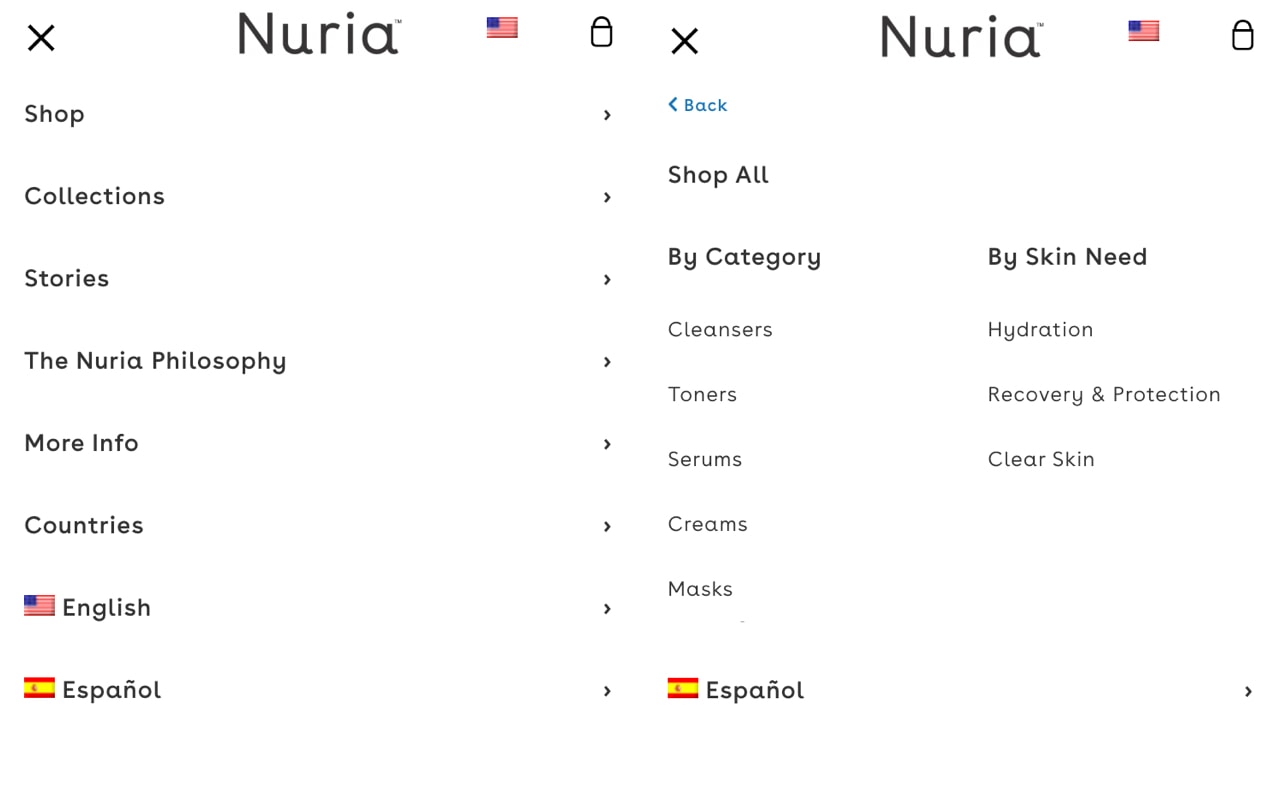 Nuria mobile menu beside the same menu, expanded
