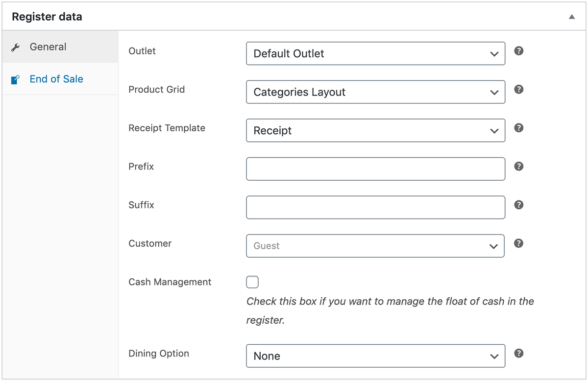 Back-end view of register data settings