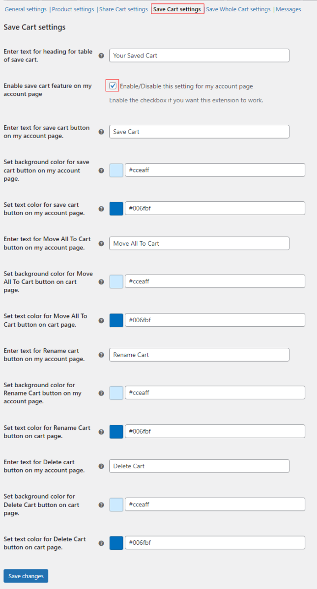 save cart settings