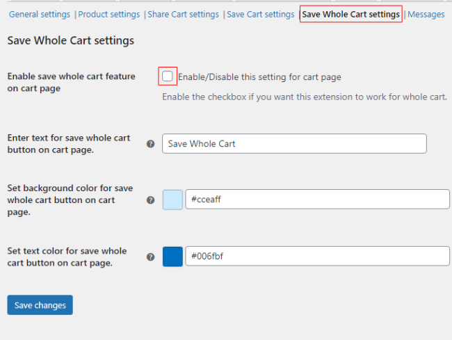 save whole cart settings