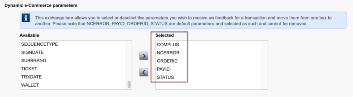 Settings under "Dynamic e-Commerce parameters" showing that COMPLUS, NCERROR, ORDERID, PAYID, and STATUS are listed in the "Selected" box.