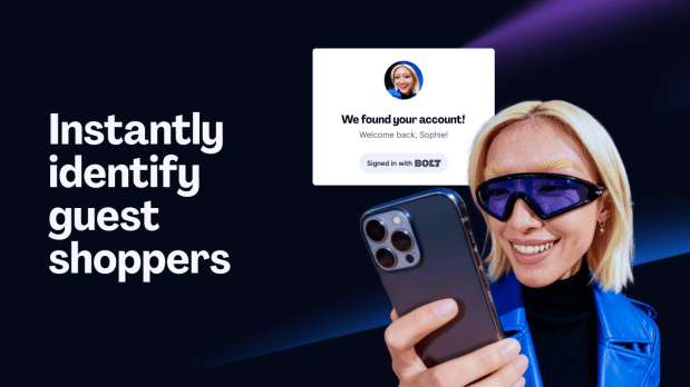 A shopper holding a phone beside a Bolt prompt reading We found your account, welcome back.