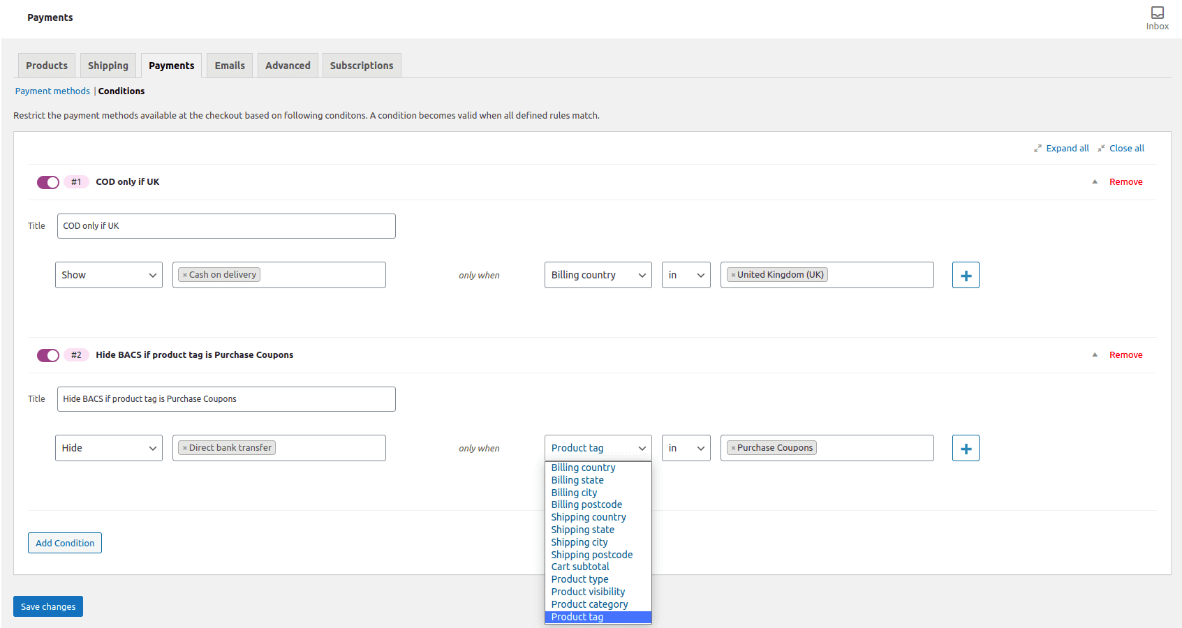 Ajustes de Conditional Payment Methods for WooCommerce