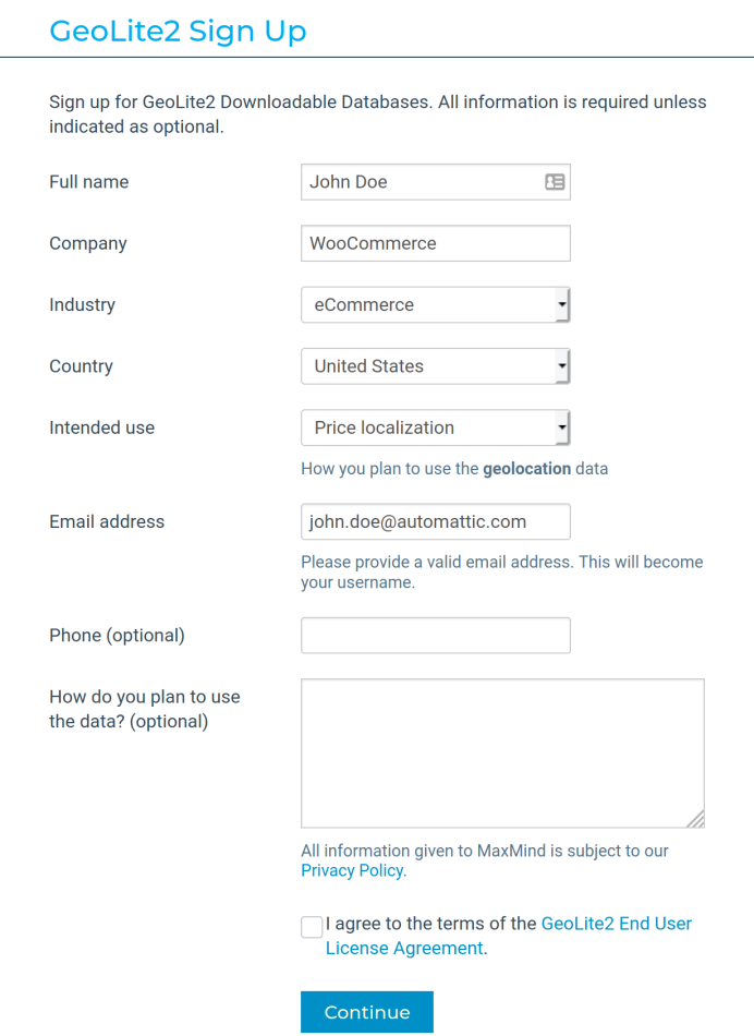 MaxMind sign up form