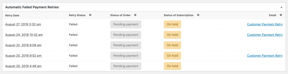 Subscription retry payment admin table statuses
