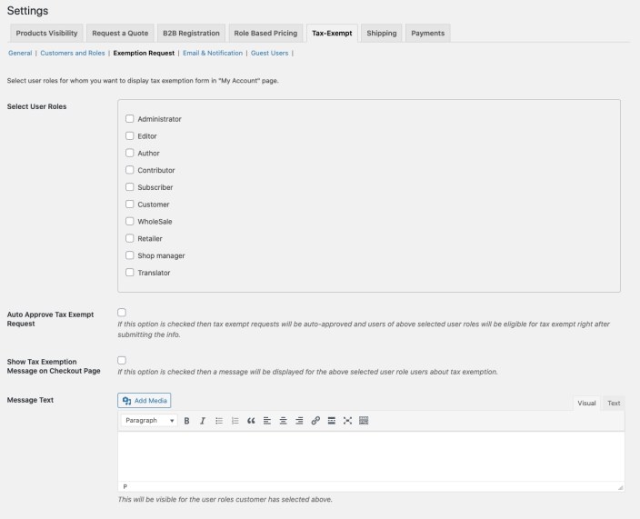 Exemption request settings