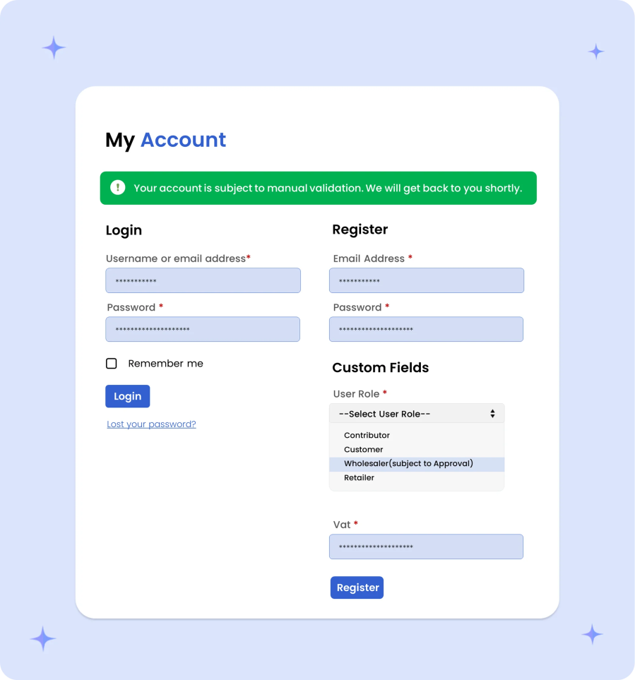 manual registration approval for b2b customers