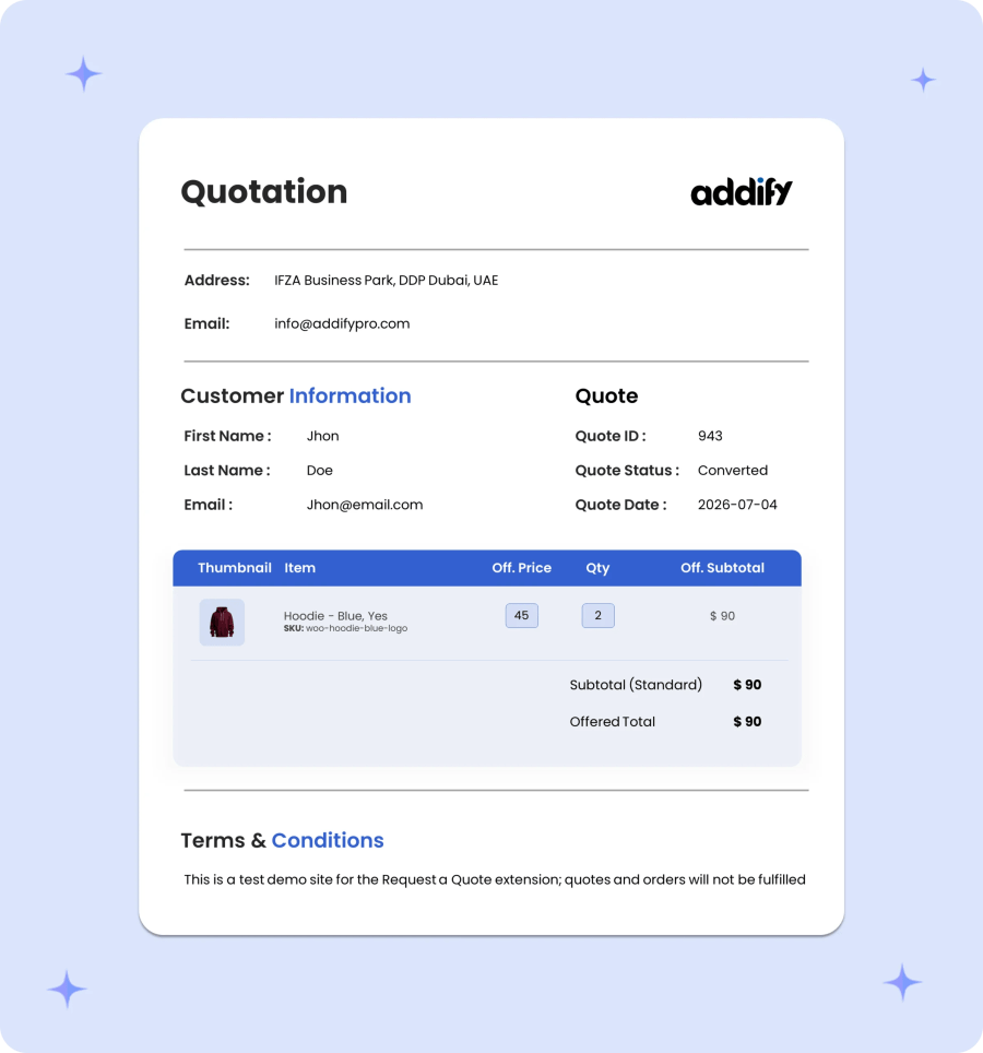 quote pdf in b2b for woocommerce