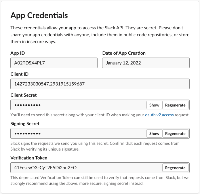 Slack app credentials: Client ID and Client Secret