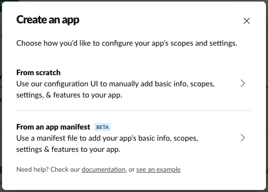Choosing 'From scratch' when creating a Slack app