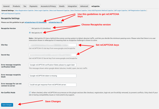 General settings for WooCommerce reCAPTCHA Integration