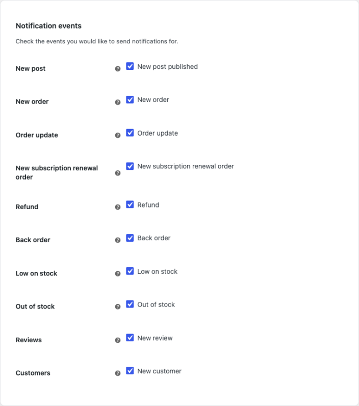 The Slack integration settings in WooCommerce, showing all ten notification events — new post, new order, order status update, subscription renewal, refund, back order, low on stock, out of stock, new review, and new customer — each with an enable toggle.