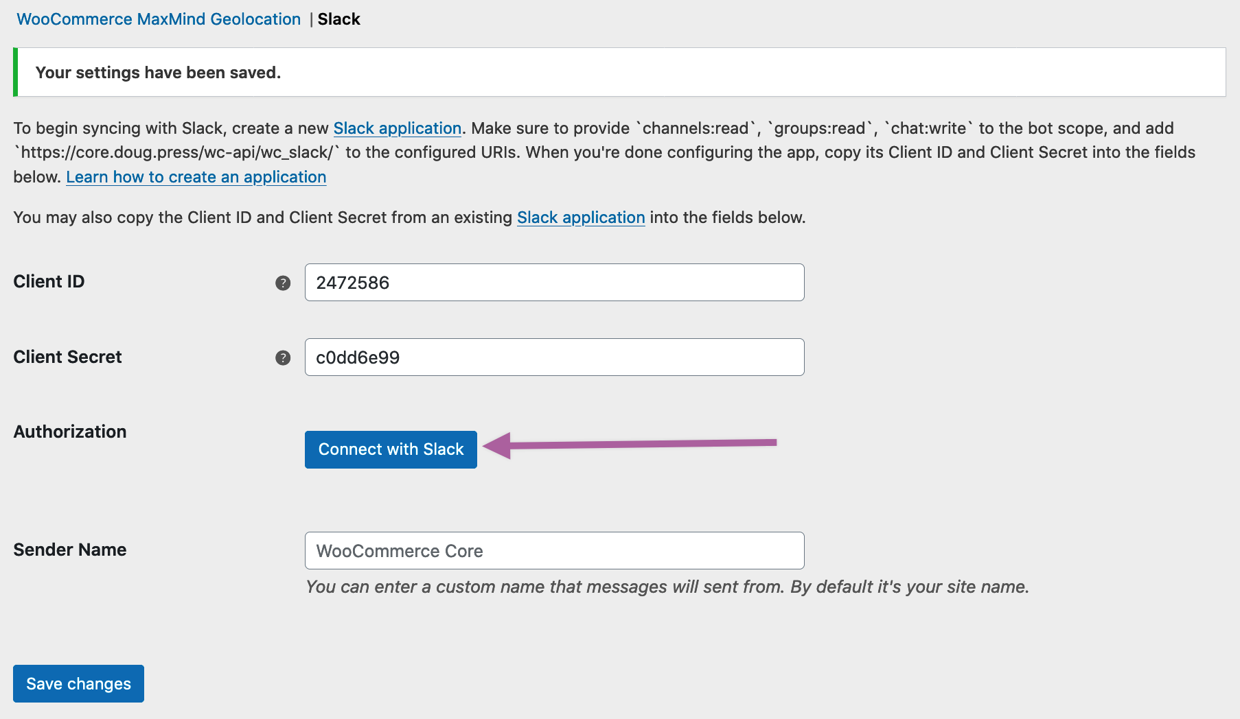 WooCommerce Slack extension showing Connect with Slack button