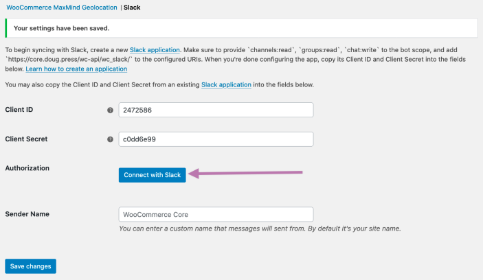 WooCommerce Slack extension showing Connect with Slack button