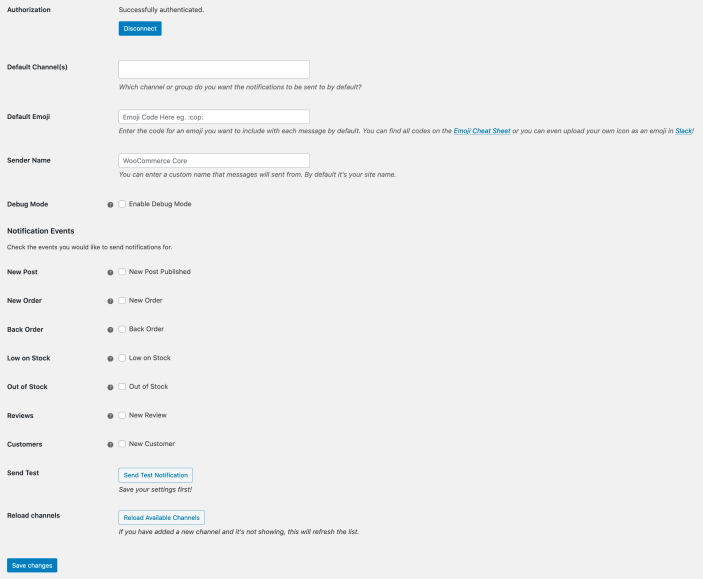 WooCommerce Slack extension full settings after Authentication