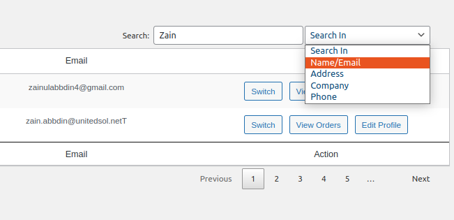 Search customers by name, email, company, address.
