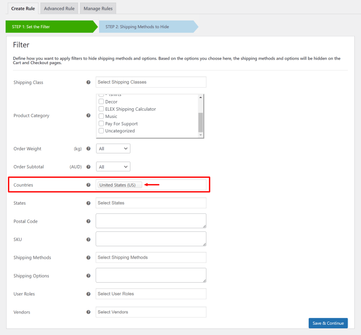 Hide specific shipping methods based on the customer's country and the total order weight