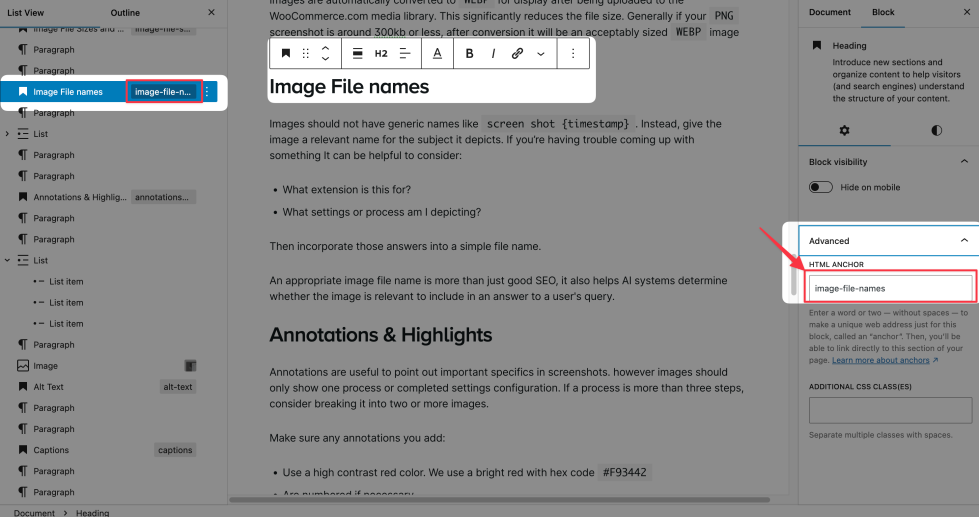 The HTML anchor setting for a heading block