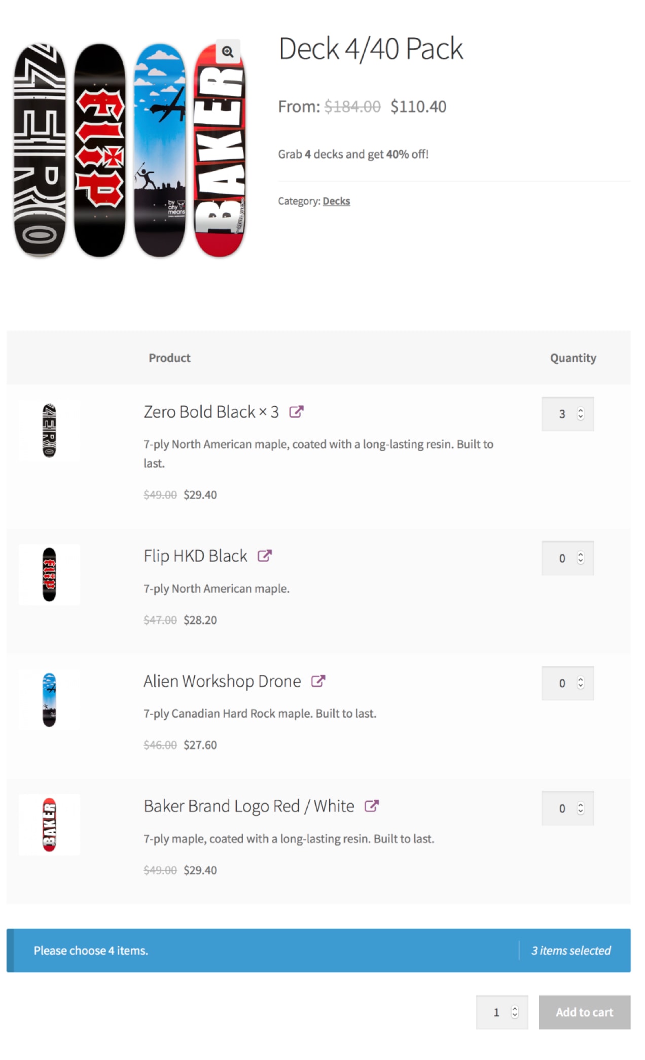 WooCommerce Product Bundles extension showing a four-pack of skateboards