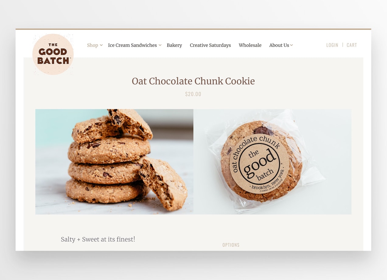 The Good Batch oat chocolate chunk cookie product page with beautiful photos