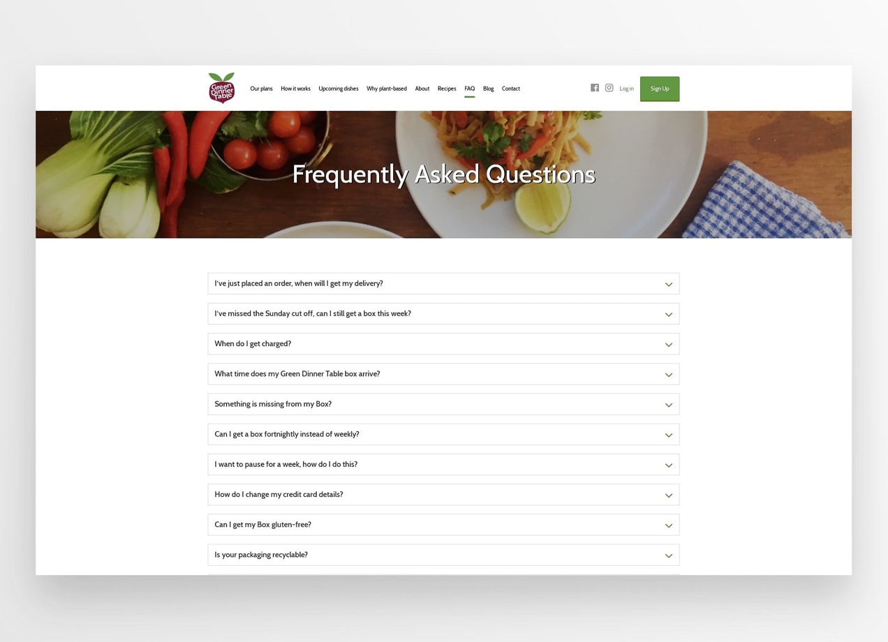 Green Dinner Table FAQ page with expandable questions