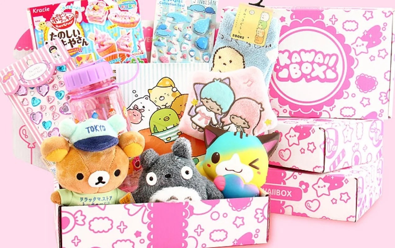 Kawaii box full of cute products like stickers, stuffies, and socks