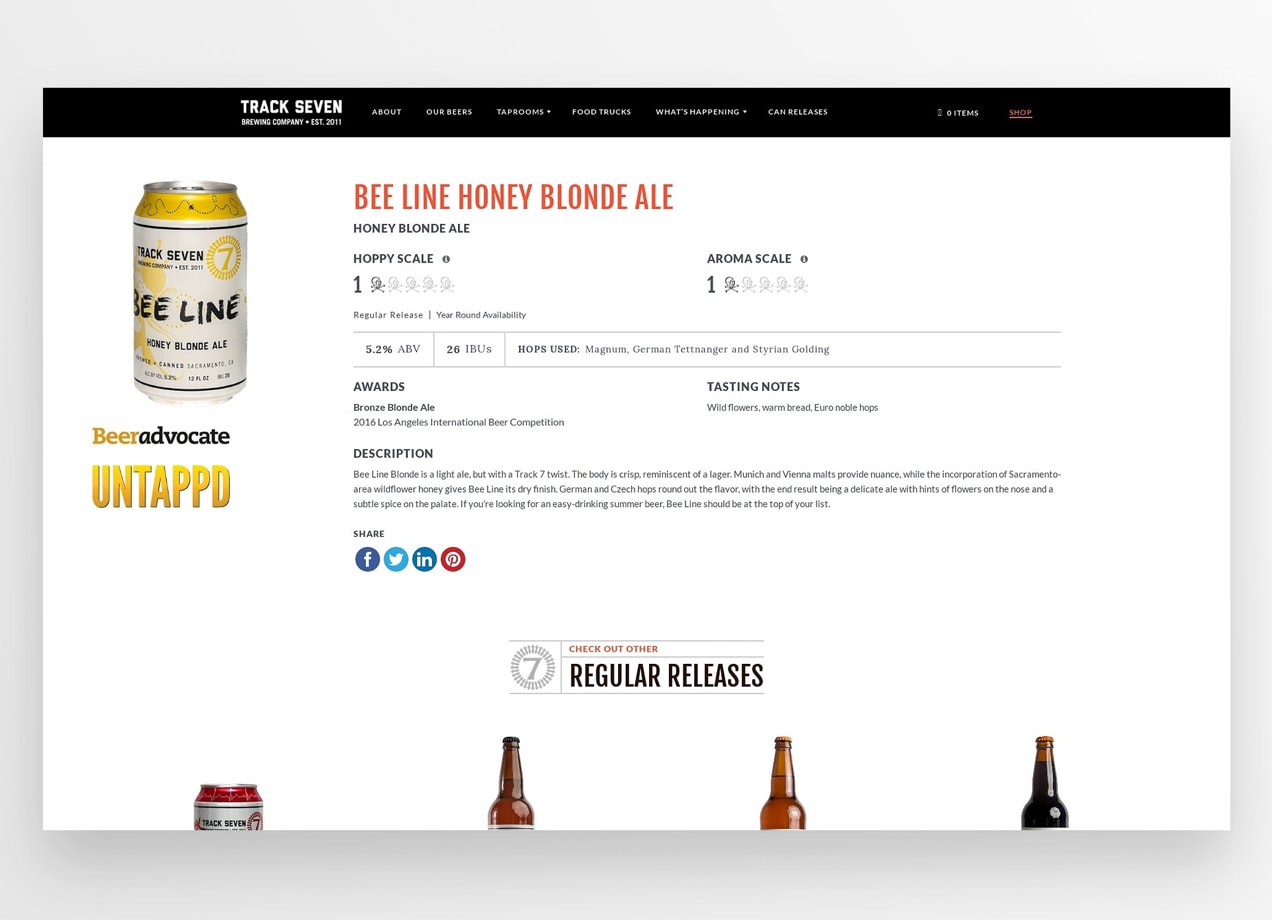 Bee Line honey blonde ale product page with a detailed product description