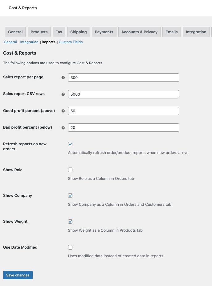 Cost & Reports - settings -reports