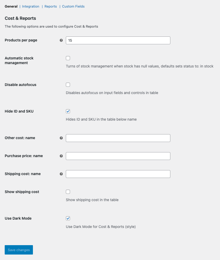 Cost & Reports general settings