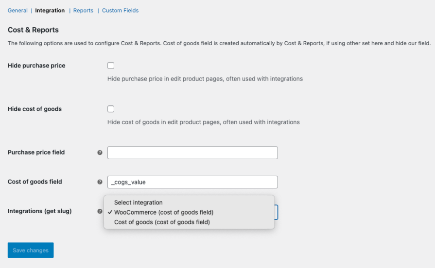 Cost & Reports integration settings