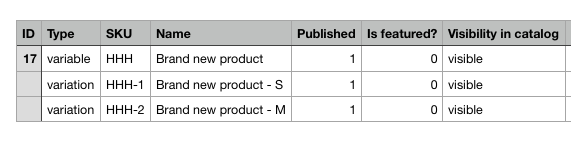 A spreadsheet showing, three rows and 7 columns. In the `Type` column the top row's value is variable, the bottom two rows are variation. Each row has a unique value for SKU and Name columns.