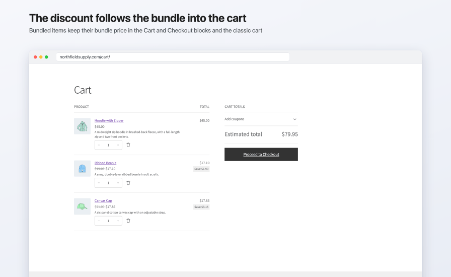 Cart block with Hoodie with Zipper at $45.00, Ribbed Beanie at $17.10, and Canvas Cap at $17.85, each bundled item showing its saving, and an estimated total of $79.95