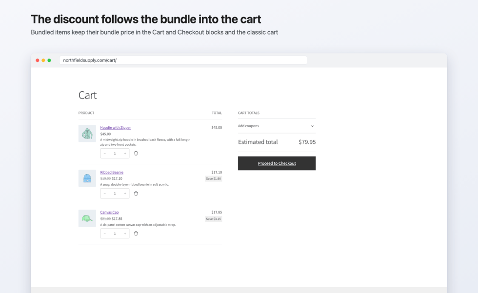 Cart block with Hoodie with Zipper at $45.00, Ribbed Beanie at $17.10, and Canvas Cap at $17.85, each bundled item showing its saving, and an estimated total of $79.95