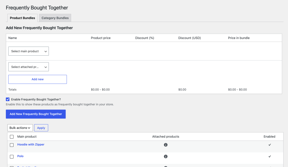 Product Bundles tab of Premmerce Frequently Bought Together, with the Add New Frequently Bought Together form above a list of bundles for Hoodie with Zipper, Polo, and other products, each with an attached products icon and an enabled tick