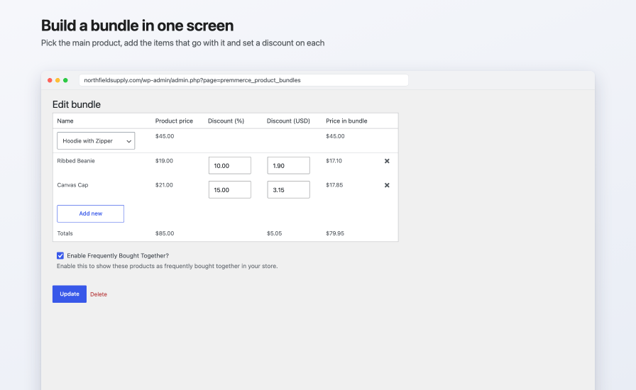 Edit bundle screen with Hoodie with Zipper as the main product, Ribbed Beanie at 10% off and Canvas Cap at 15% off, each discount also shown in USD, the price in bundle, and a totals row of $85.00, $5.05, and $79.95