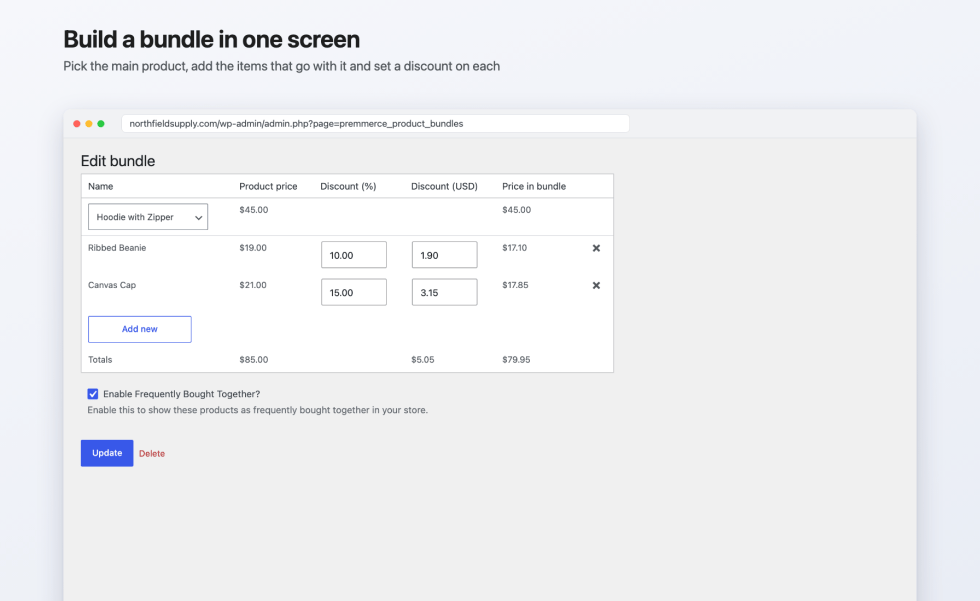 Edit bundle screen with Hoodie with Zipper as the main product, Ribbed Beanie at 10% off and Canvas Cap at 15% off, each discount also shown in USD, the price in bundle, and a totals row of $85.00, $5.05, and $79.95