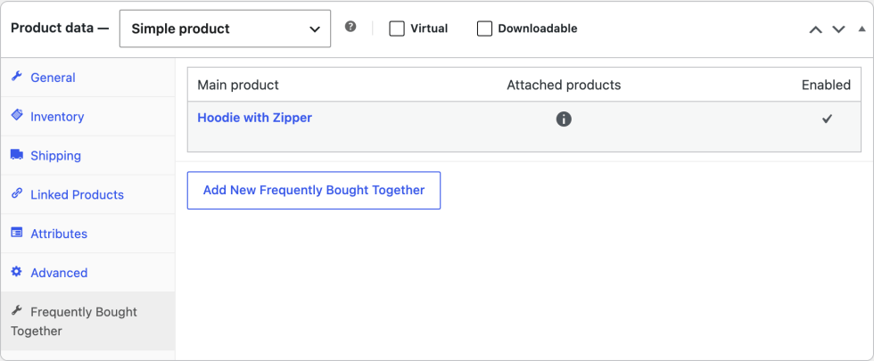 Frequently Bought Together tab in the Product data box of Hoodie with Zipper, listing its bundle with the main product, attached products, and enabled status, and the Add New Frequently Bought Together button