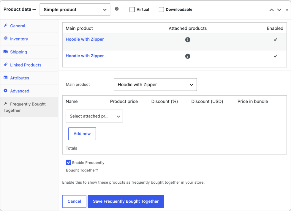 Frequently Bought Together tab in the Product data box of Hoodie with Zipper, listing the product's two bundles above the new bundle form, with the main product, the attached product search, Add new, Enable Frequently Bought Together?, Cancel, and Save Frequently Bought Together