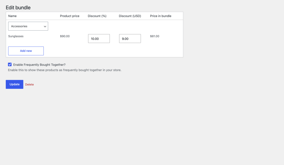 Edit bundle screen for a category bundle, with the Accessories category selected and Sunglasses attached at 10% off, shown as $9.00 in USD, for a price in bundle of $81.00