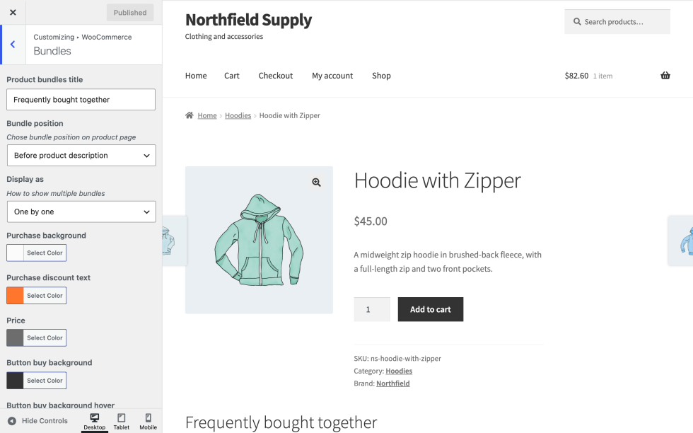 Customizer Bundles section under WooCommerce, with the title Frequently bought together, Bundle position set to Before product description, Display as set to One by one, and the first color settings, next to a preview of the Hoodie with Zipper product page