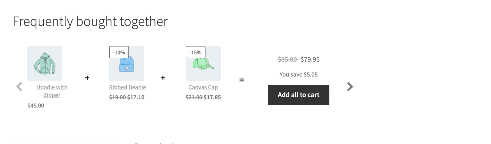 Frequently bought together section in Slider mode, showing the Hoodie with Zipper bundle with left and right arrows to move to the product's other bundles