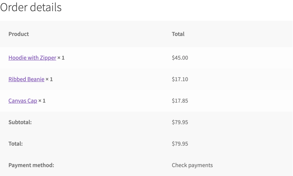 Order details on the order received page listing Hoodie with Zipper at $45.00, Ribbed Beanie at $17.10, and Canvas Cap at $17.85 as ordinary lines, with a total of $79.95