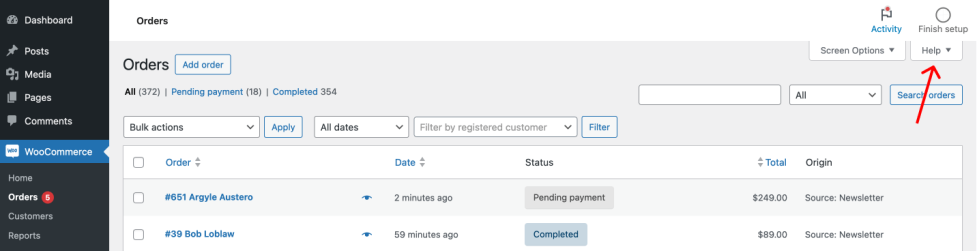 The Help tab displayed on WooCommerce's Orders page in WP Admin.